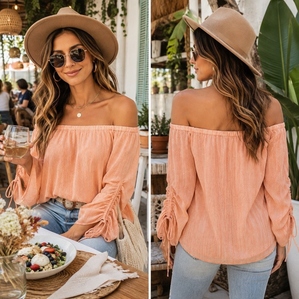 H by Halston Chiffon Off Shoulder Blouse Sz 4 Coral White Striped Sheer Sleeve